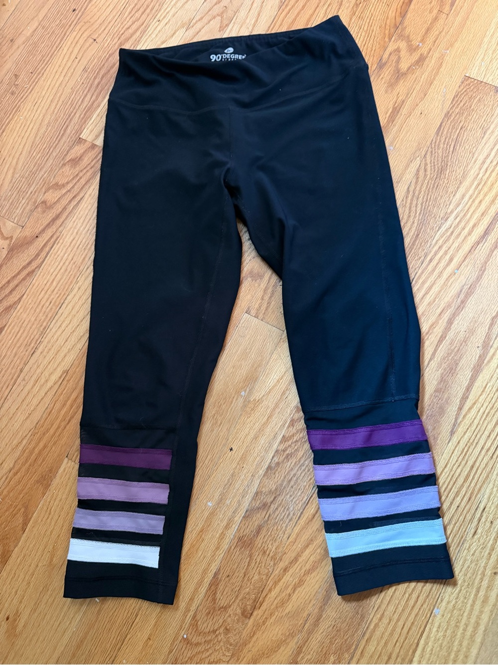 90 Degree By Reflex Black Capri Leggings with Lavender Striped Mesh Detail